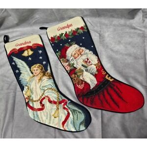 Land's End Needlepoint Christmas Stocking Wool Grandma Grandpa Santa Angel